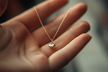 Delicate Heart-Shaped Pendant Necklace Held in a Hand, Gleaming in Soft Natural Light, Perfect for Romantic Gifts or Jewelry Photography