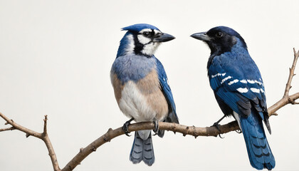 Two blue jays perch on a bare branch, facing each other, on a bright, clear day