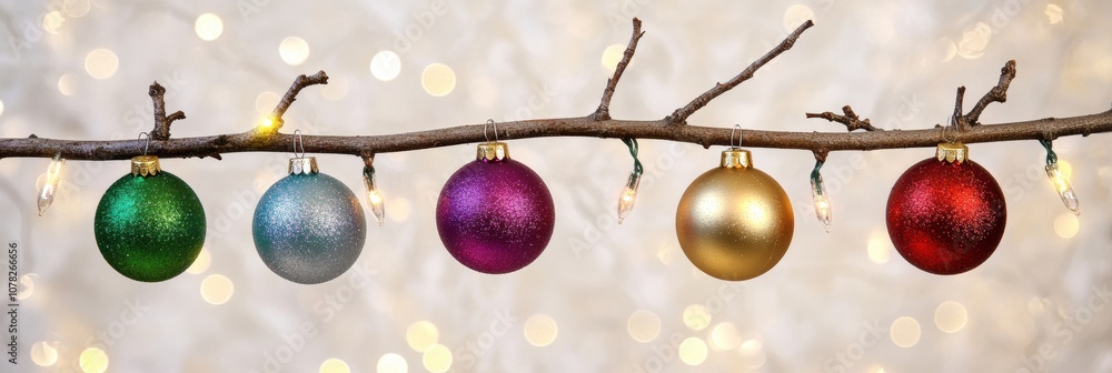 Aufkleber vibrant christmas ornaments in various colors are hung on a branch, creating a cheerful decoration w