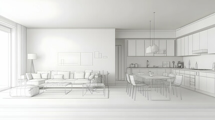 Modern open plan living room and kitchen interior design blueprint.