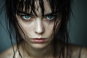 Close-up portrait of a young beautiful goth female model with black hair looking at the camera. very angry. Horror movie style. Dark and atmospheric. Goth style.
