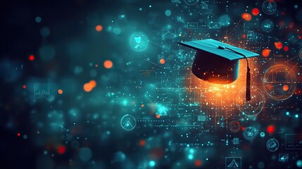 digital illustration of an online education platform with icons representing educational elements like graduation caps computer screens and data visualizations on a blurred background