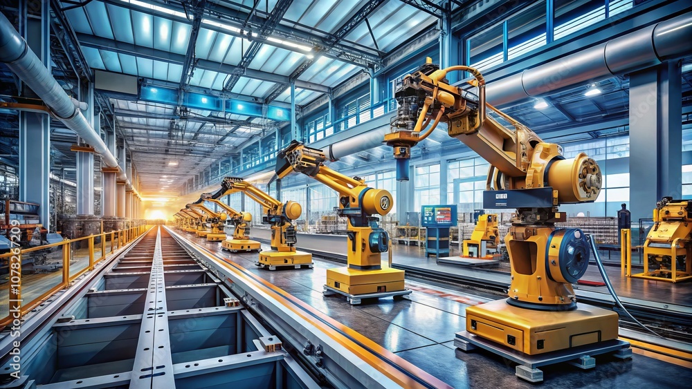 Poster modern automated machines revolutionizing industry: the future of manufacturing with robotics and ai
