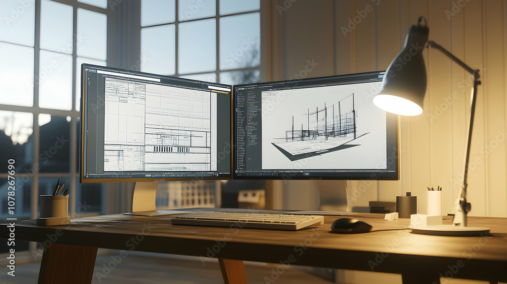 Aufkleber architect's desk with two computer monitors displaying blueprints and a 3d rendering of a modern bui