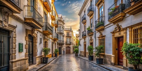 Fototapeta premium Monochromatic Portrait of a Narrow Empty Street in Historic Cadiz, Spain Showcasing Traditional Spanish Architecture on a Quiet Day, Perfect for Travel and Architecture Enthusiasts