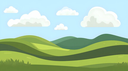 Cartoon landscape with rolling green hills under a blue sky with white clouds.