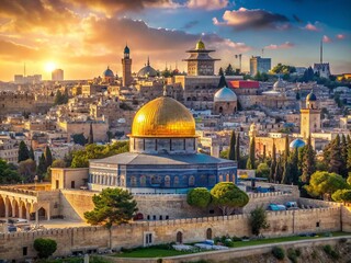 Obraz premium Panoramic View of Jerusalem's Old City Featuring the Temple Mount, Dome of the Rock, and Al Aqsa Mosque from Mount of Olives, Captured in a Retro Style with High Depth of Field