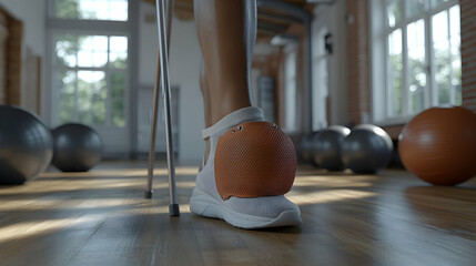 Naklejka premium Close-up of a woman's foot wearing a prosthetic device in a gym, walking on a wooden floor.