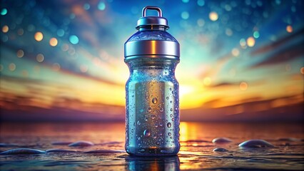 Realistic 3D Water Bottle  Full Body View Featuring Clear Design, Vibrant Colors, and Aesthetic Appeal, Ideal for Health, Fitness, and Eco-Friendly Lifestyle Representations