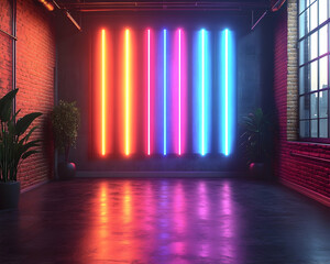 Colorful neon lights illuminate a modern, industrial loft space.