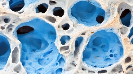 Abstract Close-Up of Light Blue and White Textured Surface with Distinctive Organic Shapes and Holes for Artistic and Scientific Backgrounds