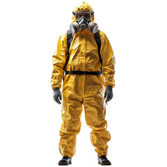 Man in a yellow hazmat suit with a gas mask and backpack standing isolated on transparent background
