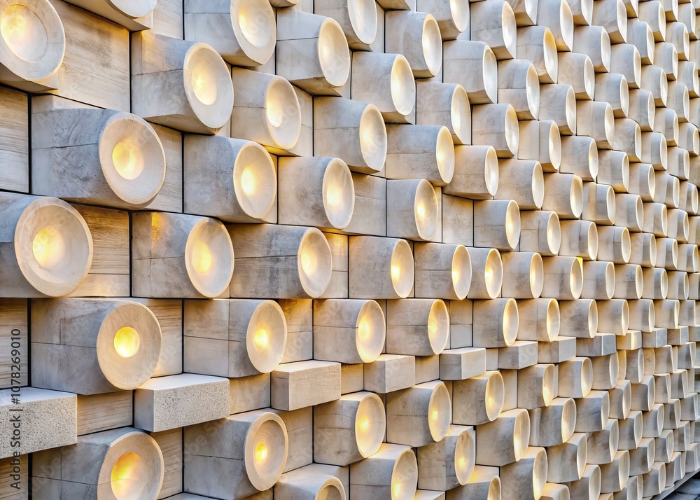 Poster texture of a white stone wall cladding featuring geometric blocks with round and square shapes ideal