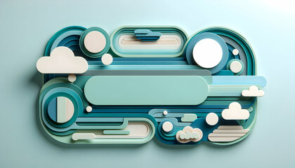 Horizontal 3D papercut banner with rounded and rectangular layers in shades of teal and aqua, leavin1