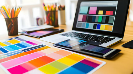 Designer's desk with laptop, tablet, color swatches and pencils.