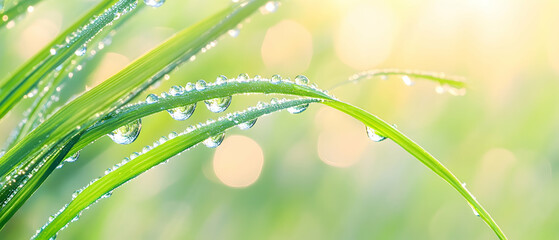 Dewdrops on blades of grass in soft light.