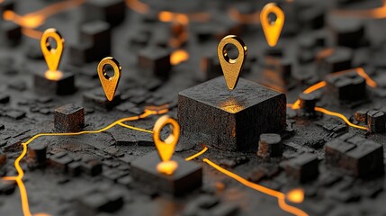 Vibrant Mapping Illustration Featuring Geolocation Pins Overlaid on a Dark Geometric Landscape with Glowing Lines Representing Connectivity and Pathways