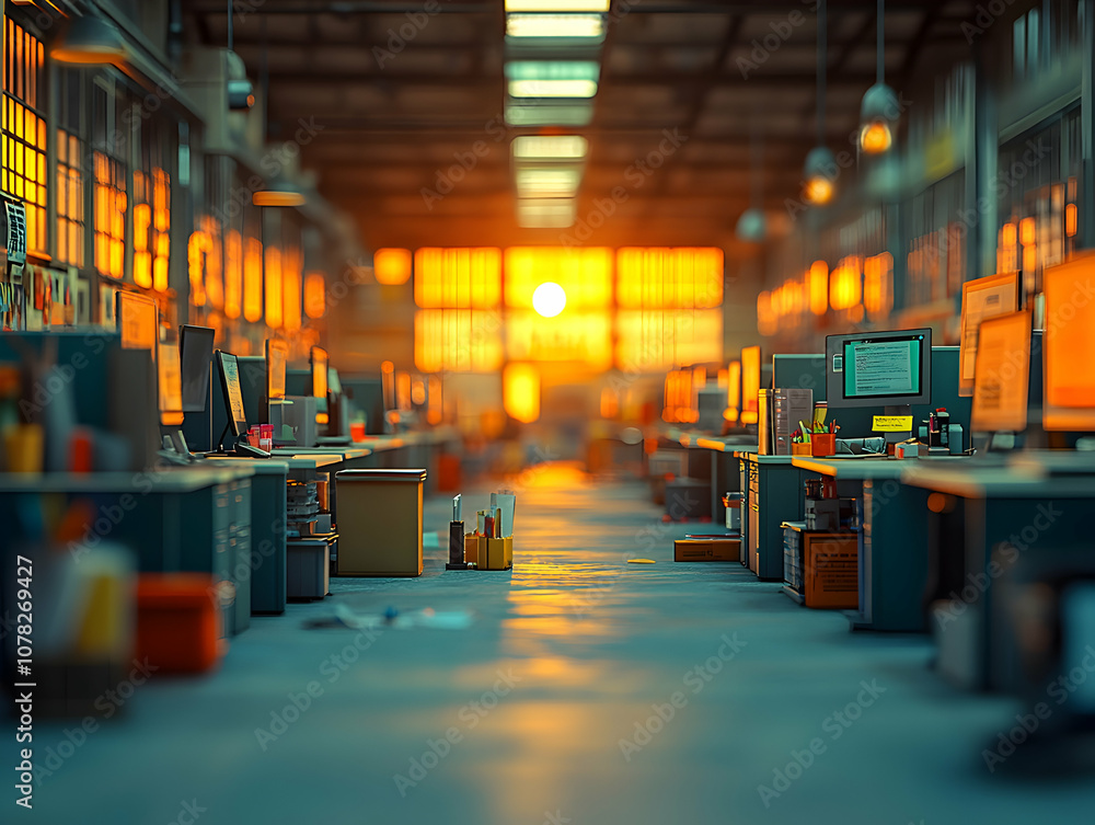 Poster empty office desks with computers in a large industrial space with an orange sunset through the wind
