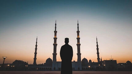 Fototapeta premium A man in traditional clothing stands silhouetted against the backdrop of a mosque at sunset.