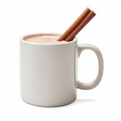 Hot beverage in a white mug with cinnamon sticks, white isolate background.
