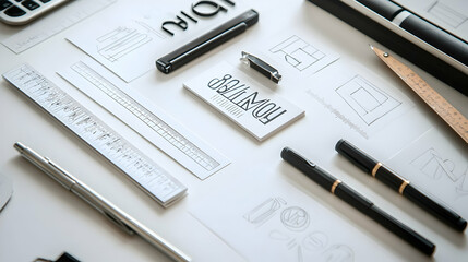 Flat lay of a designer's workspace with  sketching tools and a business card.