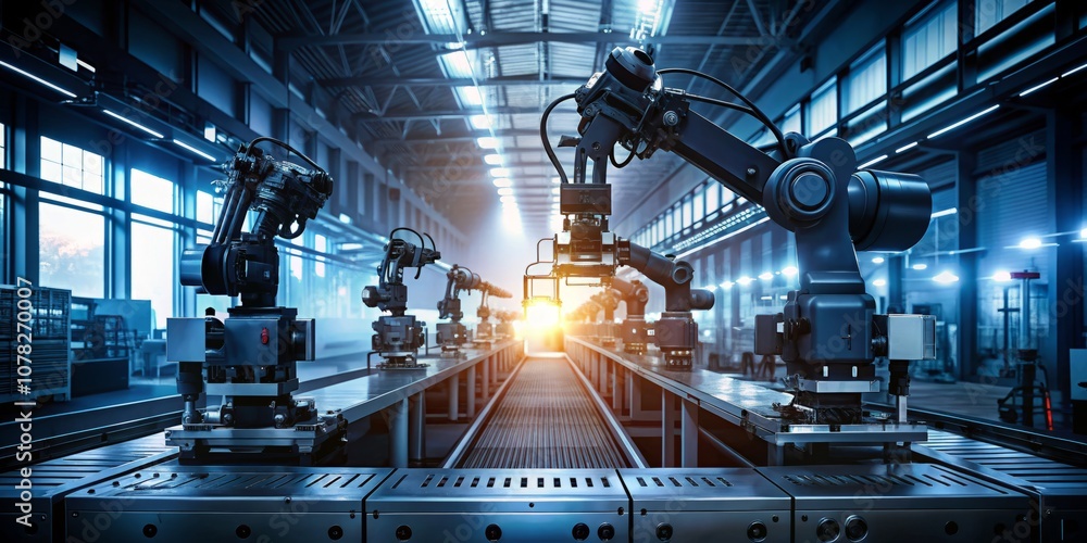Aufkleber silhouette of advanced robotic machine vision system in action at a phone manufacturing facility, hi
