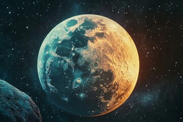 Fototapeta premium Colorful lunar surface with craters against a backdrop of distant stars, showcasing vibrant orange and blue hues.