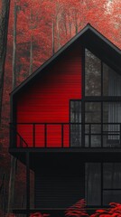 Fototapeta premium Contemporary red cabin surrounded by vibrant autumn foliage, showcasing unique architecture and serene natural setting in the woods.
