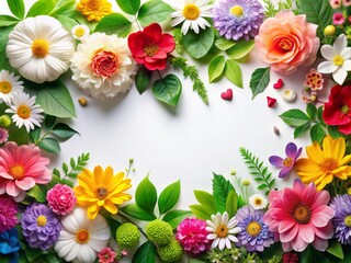 Spring Botanical Flat Illustration with Multicolored Blooms and Leaves on White Background for Floral Banners and Backdrops - Perfect for Seasonal Decor and Design Projects