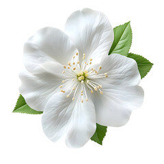 Fototapeta premium Single white blossom with green leaves isolated on transparent background