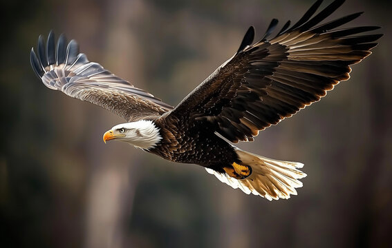 Aquila dalla testa calva in volo con sullo sfondo sfocata la bandiera americana. Patriottismo. Stati Uniti d'America. USA.