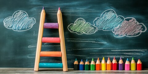 A colorful ladder made of chalks and pencils stands near fluffy clouds drawn on a blackboard.
