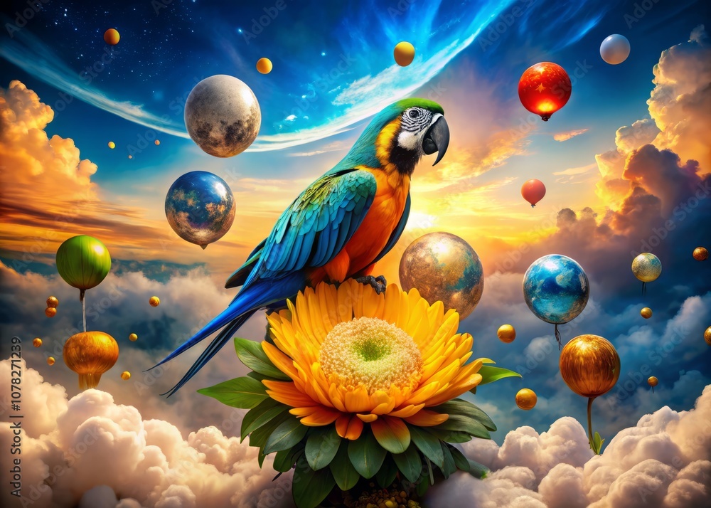 Poster surreal blue and yellow macaw in a dreamlike landscape with floating clouds and abstract shapes, ble