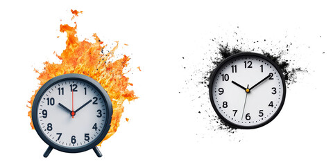 A striking clock flanked by fire on one side and smoke on the other, representing contrasting themes of urgency and calm.