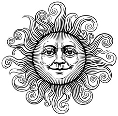 Fototapeta premium Illustration of a sun with a human face. Original illustration in a vintage retro engraving woodcut style.