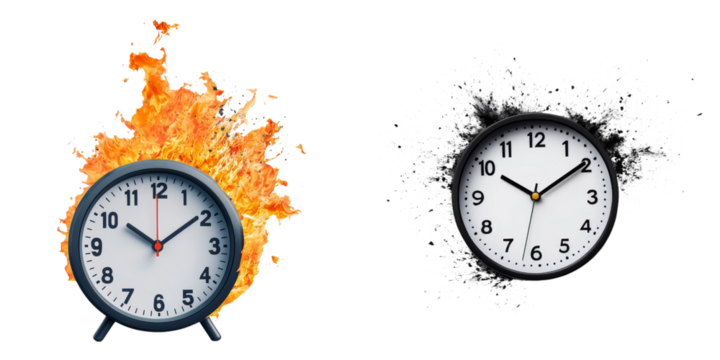 A striking clock flanked by fire on one side and smoke on the other, representing contrasting themes of urgency and calm.