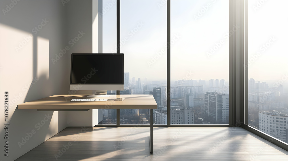 Poster minimalist workspace with a computer on a wooden desk and a panoramic view of the city through large