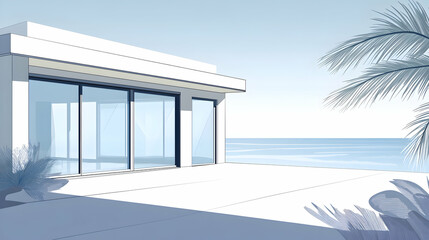 Minimalist modern house with glass doors overlooking the ocean.