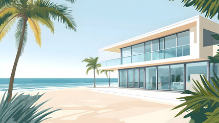 Fototapeta premium Modern beachfront house with palm trees and ocean views.