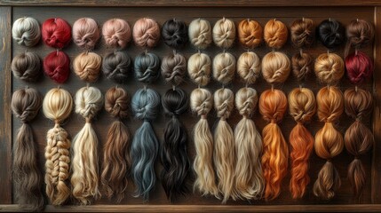 Fototapeta premium A collection of various hair color swatches arranged in rows, showcasing a wide spectrum of shades and styles.