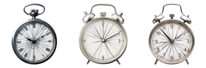 Three vintage alarm clocks in varying designs showcase classic timekeeping mechanisms with ornate details, each displaying traditional hour and minute markings.