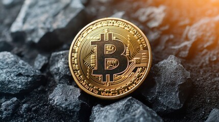 A gleaming Bitcoin coin rests on dark, textured rocks, symbolizing the intersection of digital currency and the physical world.