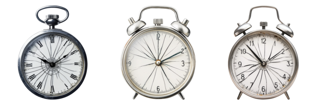 Three vintage alarm clocks in varying designs showcase classic timekeeping mechanisms with ornate details, each displaying traditional hour and minute markings. - Powered by Adobe