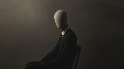 Conceptual image of a faceless figure in a suit, symbolizing anonymity and abstract identity against a dark background.