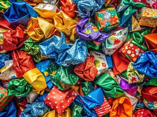 Vibrant and Colorful Holiday Christmas Crumpled Wrapping Paper Background Ideal for Festive Decorative Themes and Seasonal Celebrations in Stock Photography Collections