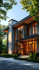 Modern house with large windows, a wooden door, and a driveway.