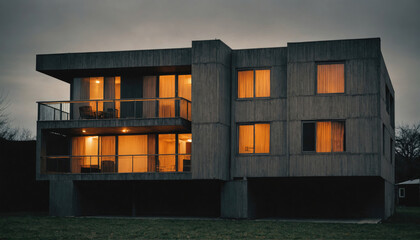 A modern, gray house with lit windows sits on a grassy lawn at dusk