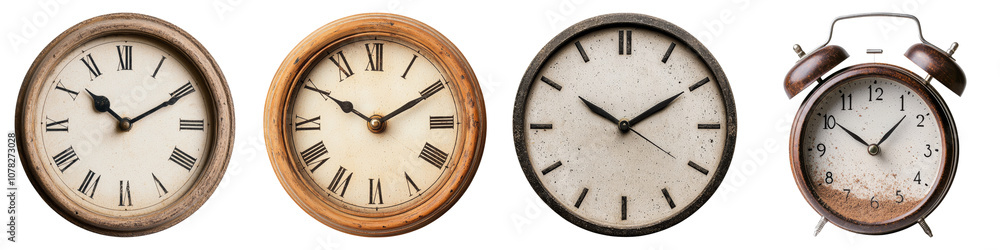 Poster a collection of four distinct clocks showcasing various designs, each with unique features and diffe
