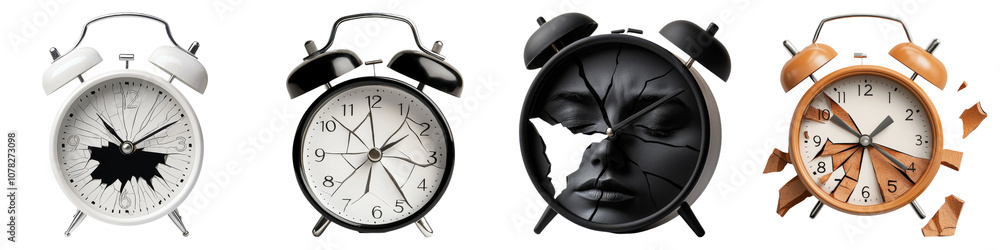 Poster a collection of alarm clocks, each displaying unique designs and features, symbolizing the passage o