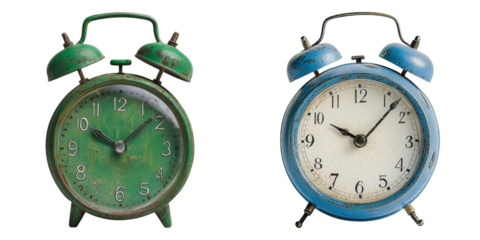 Two vintage alarm clocks, one green and one blue, showcasing distinct designs and time displays.